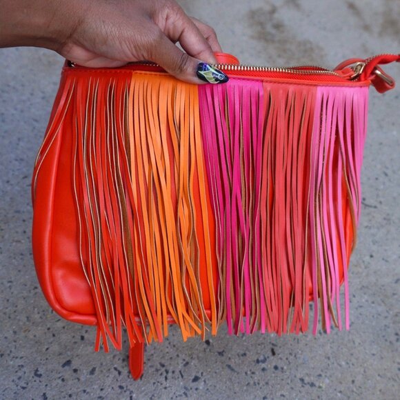 Cato Ombre Fringe Crossbody Purse Red Orange Pink Festival Boho Bag NWOT - Picture 1 of 9